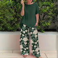 Women's Two-Piece Set Floral Wide-Leg Pants - Forest Green