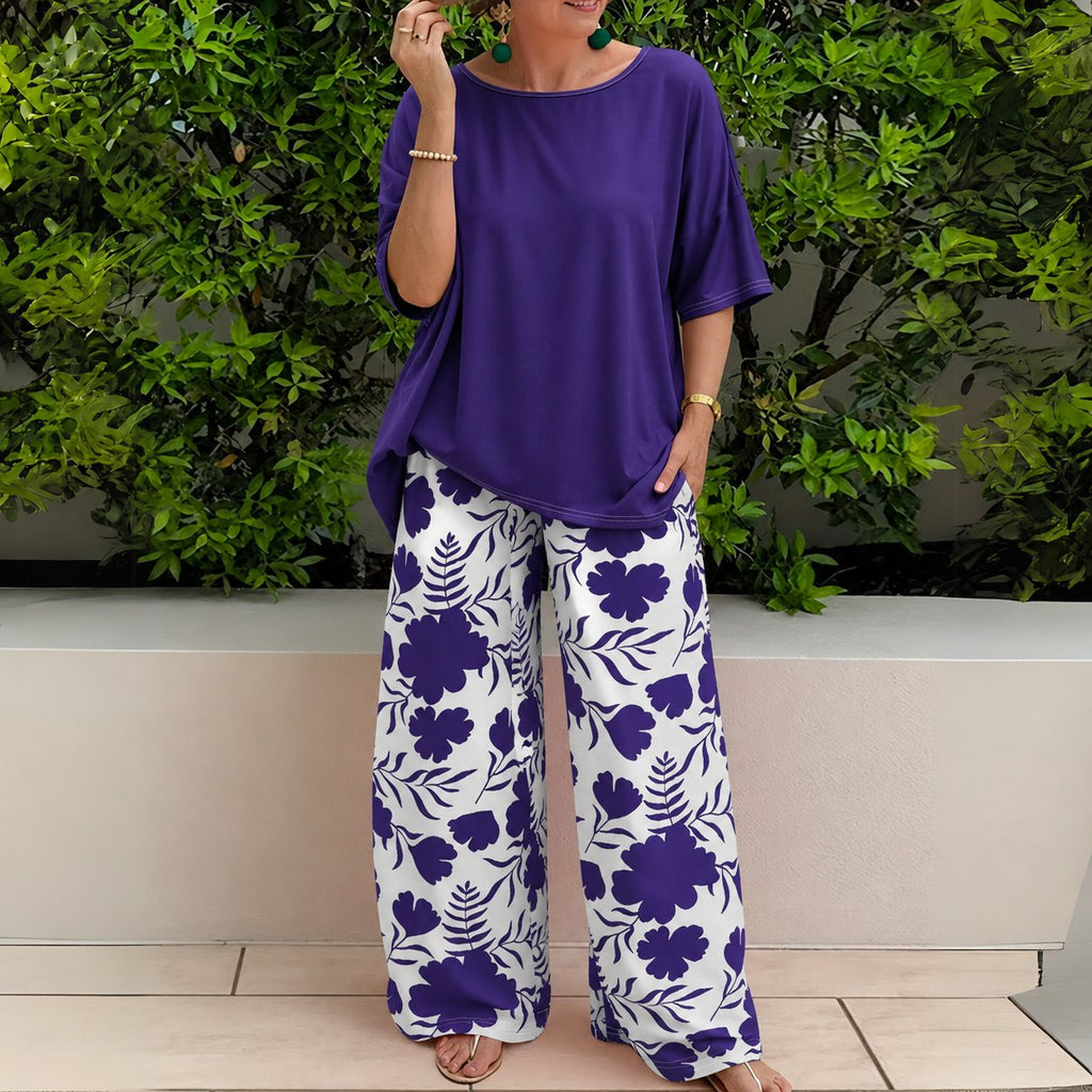 Women's Two-Piece Set Floral Wide-Leg Pants - Navy Blue