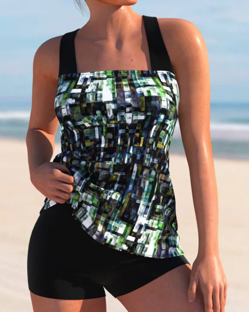 Women's Two-Piece Tankini Set with Shorts - Zwart/Groen