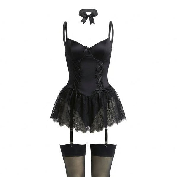 Women's Underwire Lace-Up Corset Bustier Teddy with Garter Straps - Black