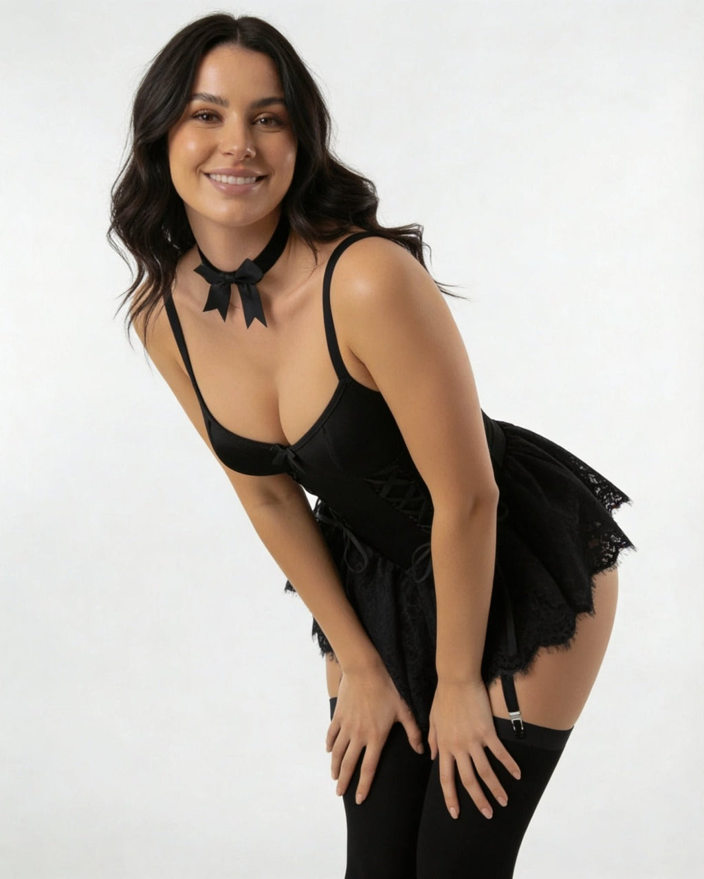 Women's Underwire Lace-Up Corset Bustier Teddy with Garter Straps