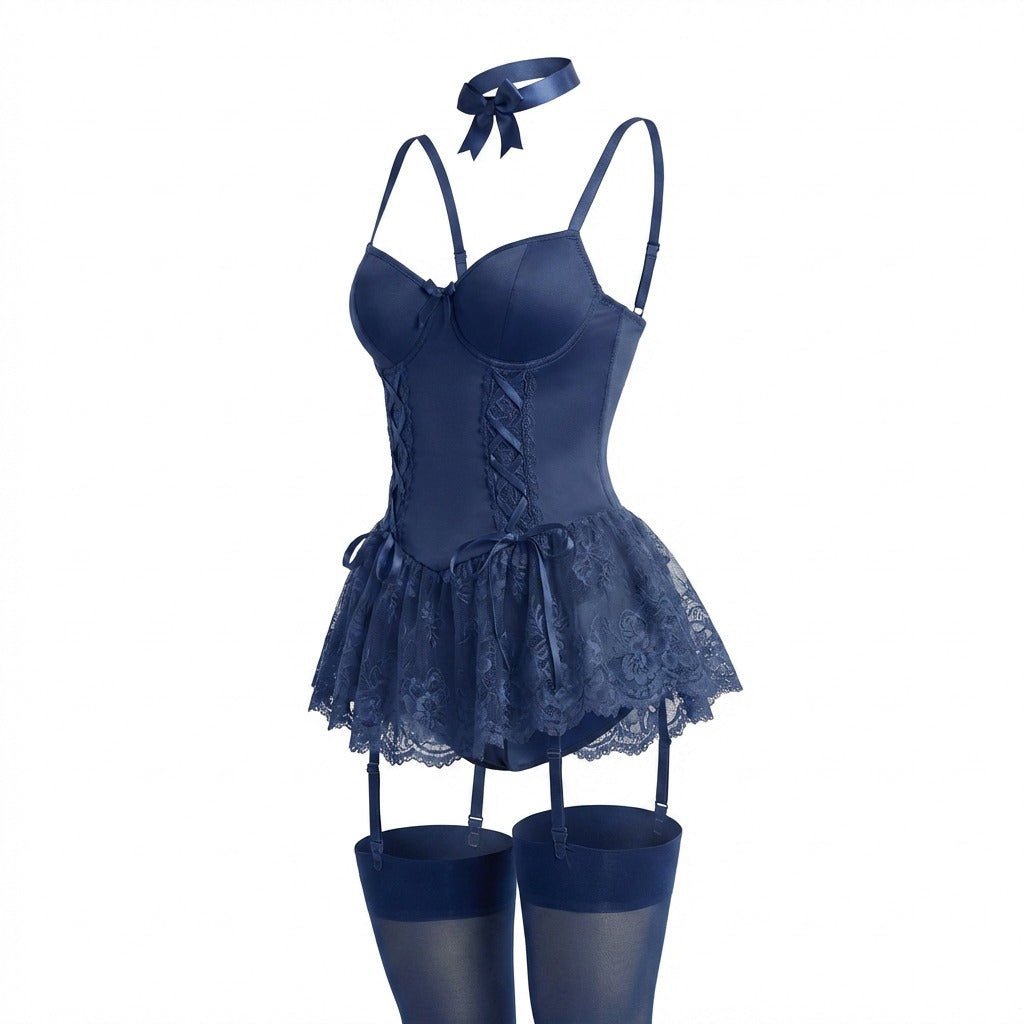 Women's Underwire Lace-Up Corset Bustier Teddy with Garter Straps - Navy
