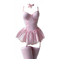 Women's Underwire Lace-Up Corset Bustier Teddy with Garter Straps - Pink