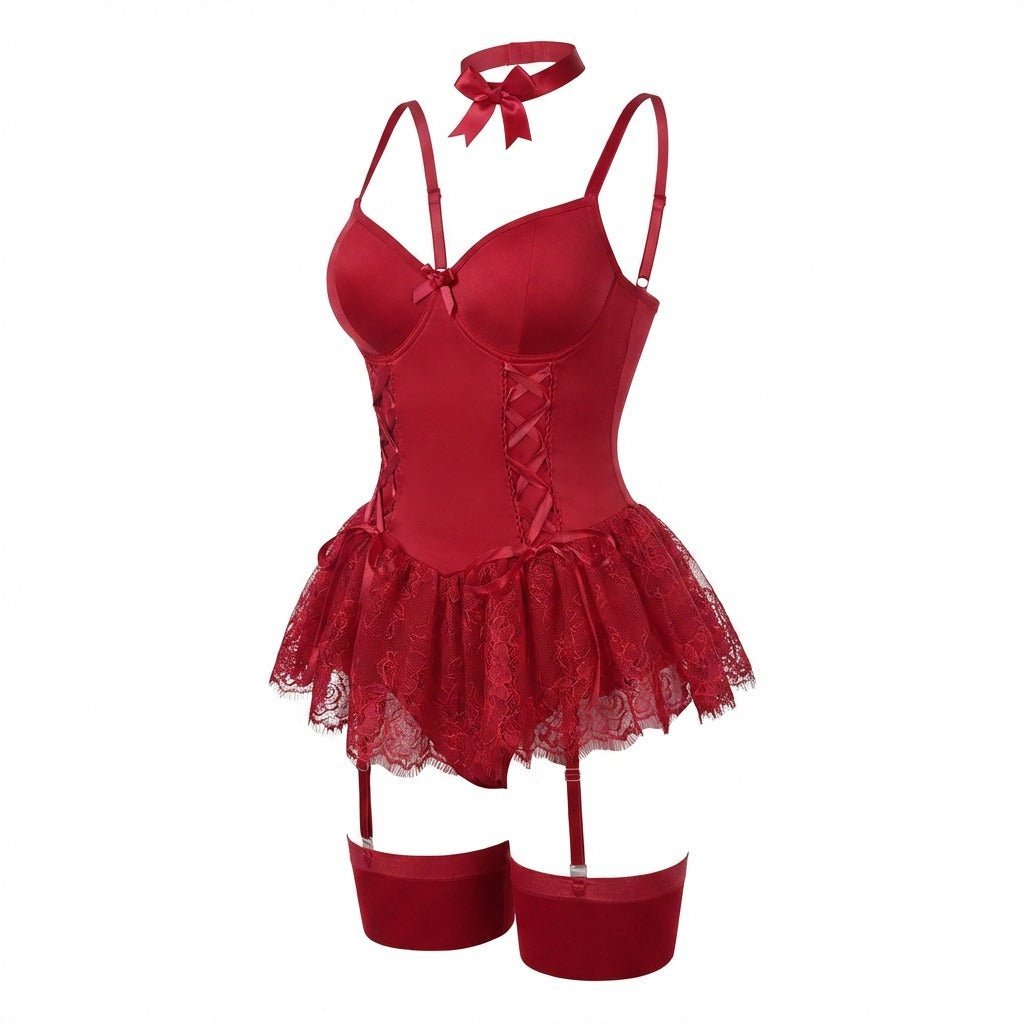 Women's Underwire Lace-Up Corset Bustier Teddy with Garter Straps - Burgundy