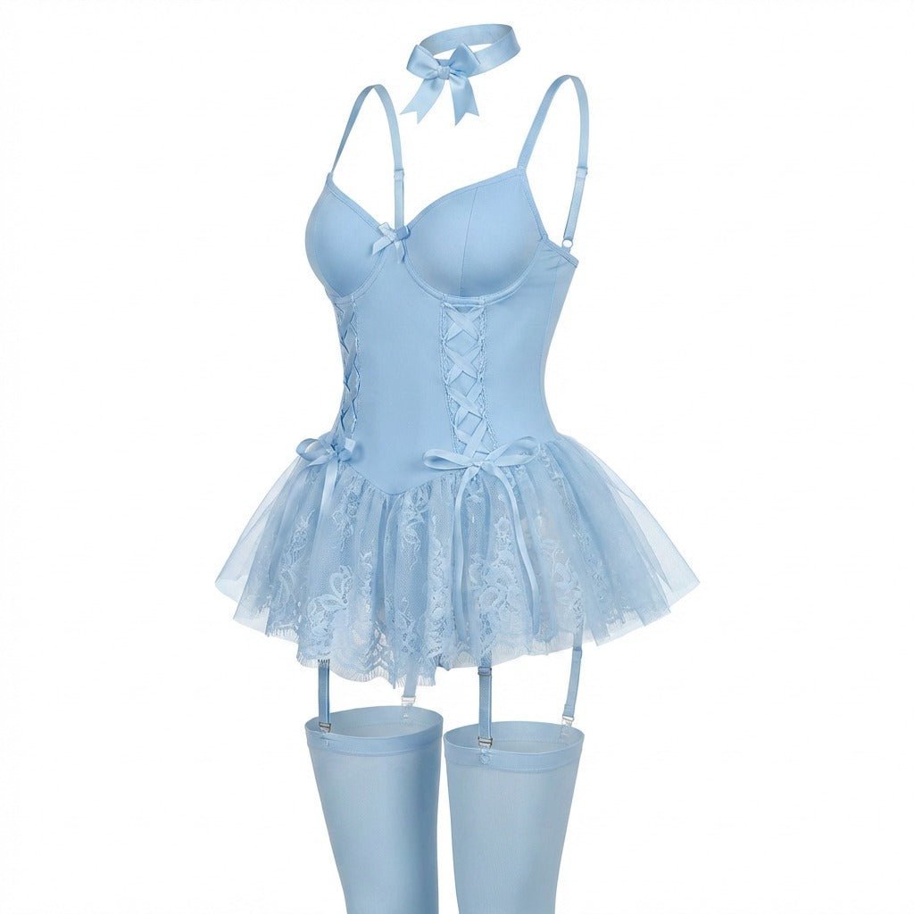 Women's Underwire Lace-Up Corset Bustier Teddy with Garter Straps - Baby Blue