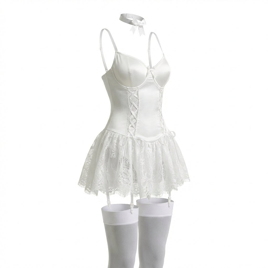 Women's Underwire Lace-Up Corset Bustier Teddy with Garter Straps - White