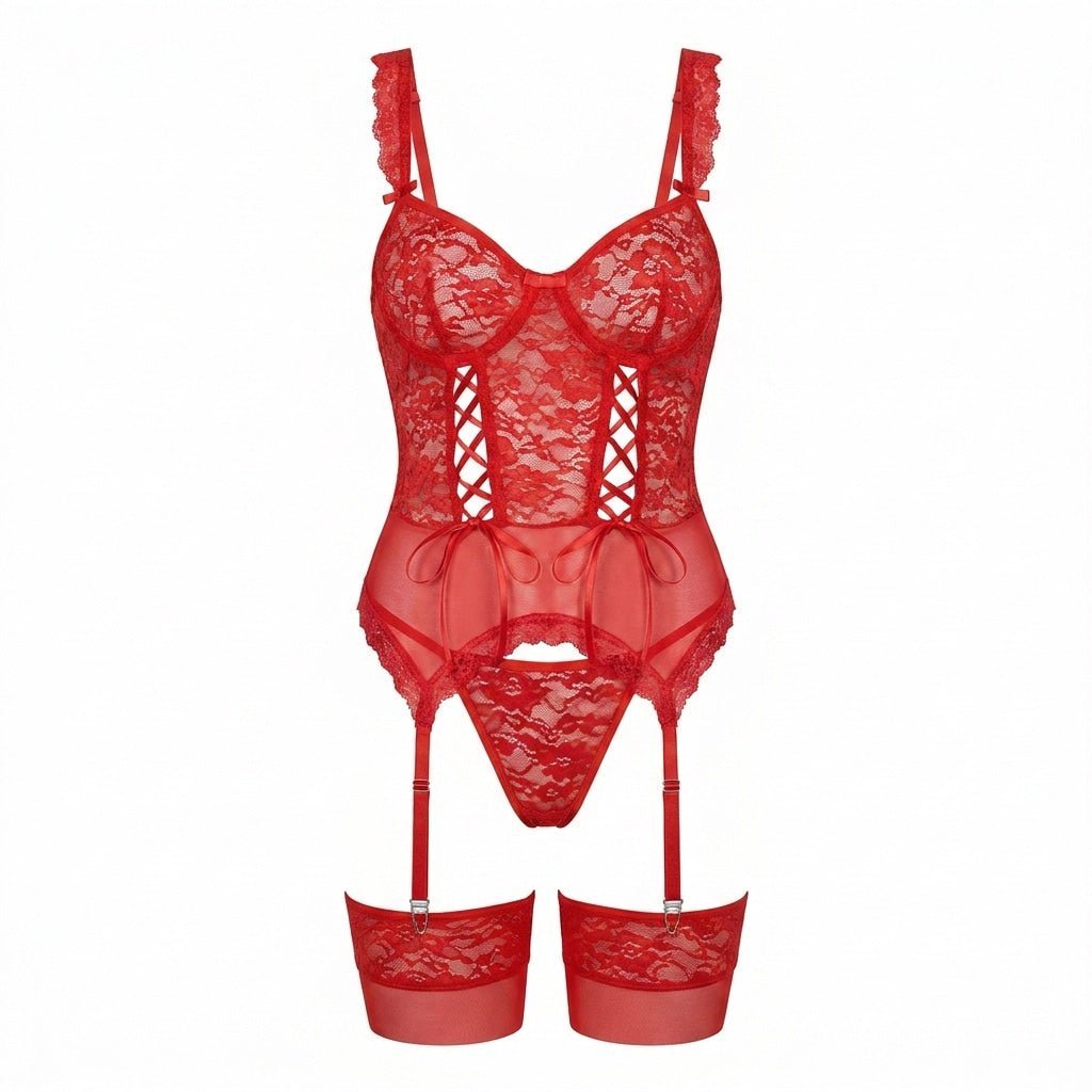 Women's Underwired Floral Lace Corset Bustier Set - Red