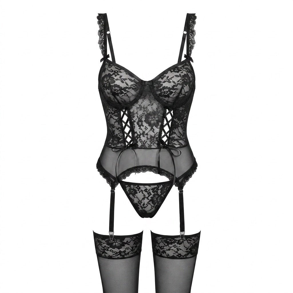 Women's Underwired Floral Lace Corset Bustier Set - Black