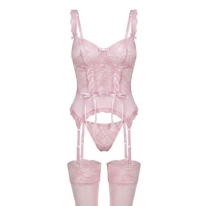 Women's Underwired Floral Lace Corset Bustier Set - Pink