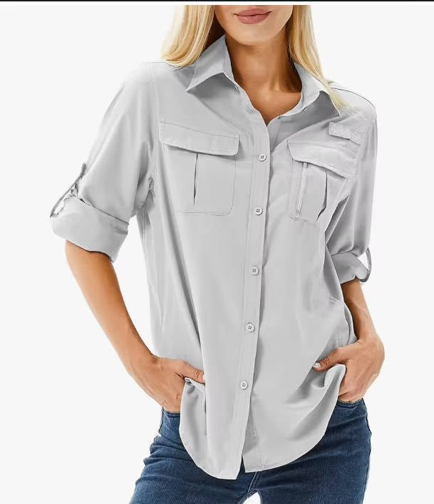 Women's UPF 50 Roll-Up Sleeve Hiking Button-Down Shirt - Light Gray