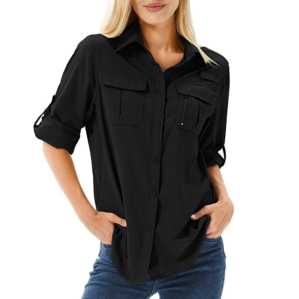 Women's UPF 50 Roll-Up Sleeve Hiking Button-Down Shirt - Black