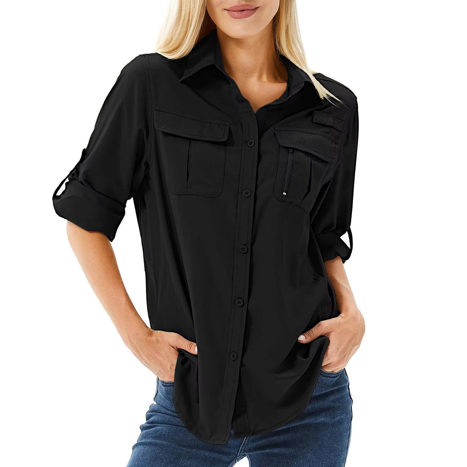 Women's UPF 50 Roll-Up Sleeve Hiking Button-Down Shirt - Black