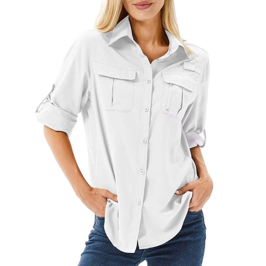 Women's UPF 50 Roll-Up Sleeve Hiking Button-Down Shirt - White
