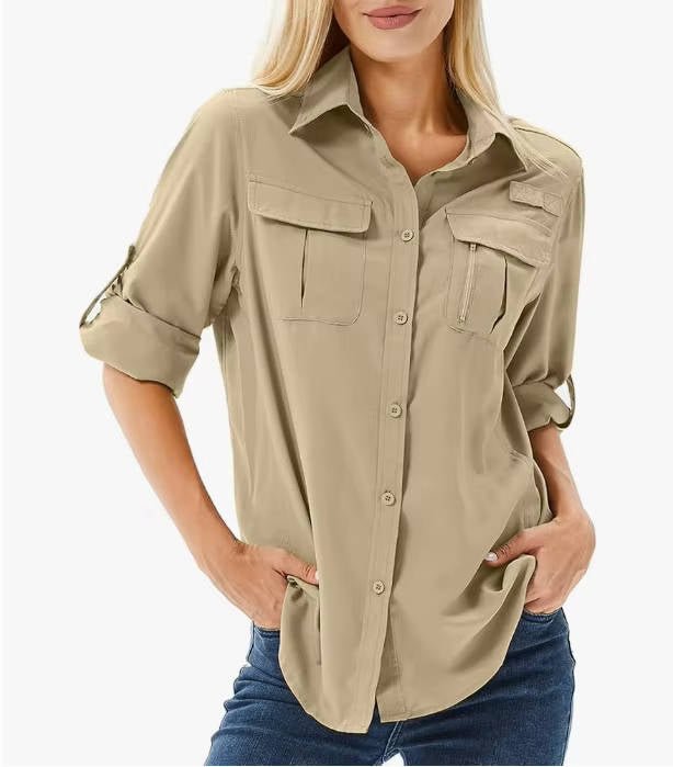 Women's UPF 50 Roll-Up Sleeve Hiking Button-Down Shirt - Mud Yellow