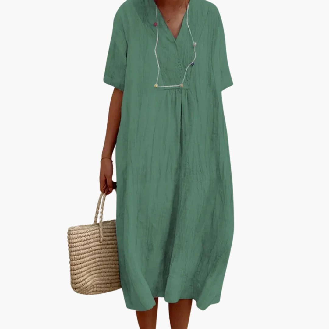 Women's V-Neck Button Relaxed Linen Midi Dress - Light Green