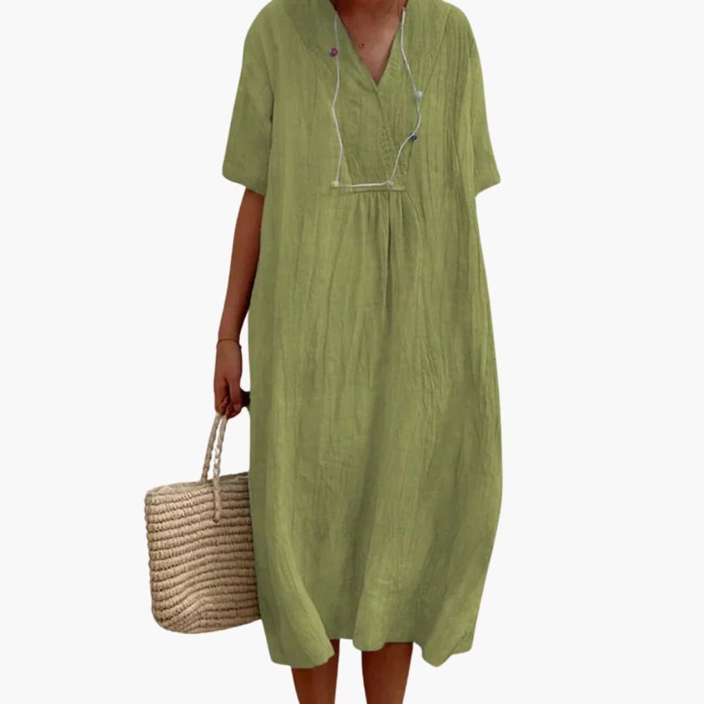 Women's V-Neck Button Relaxed Linen Midi Dress - Green