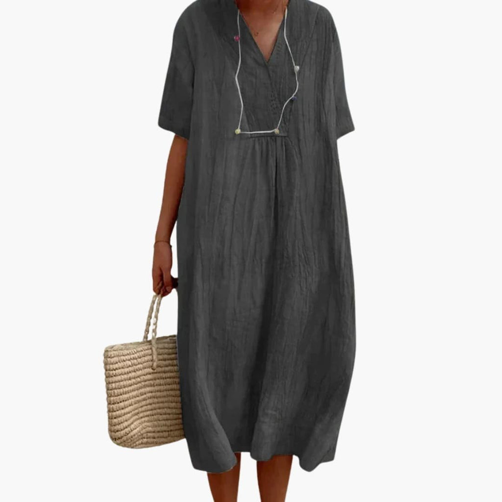Women's V-Neck Button Relaxed Linen Midi Dress - Black