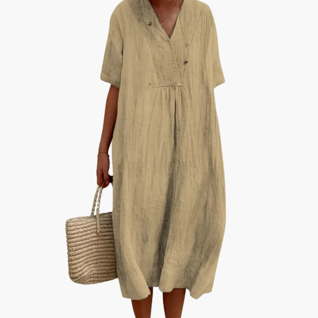 Women's V-Neck Button Relaxed Linen Midi Dress - Khaki