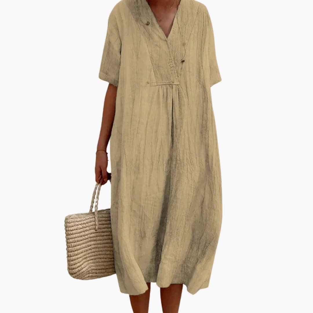 Women's V-Neck Button Relaxed Linen Midi Dress - Khaki