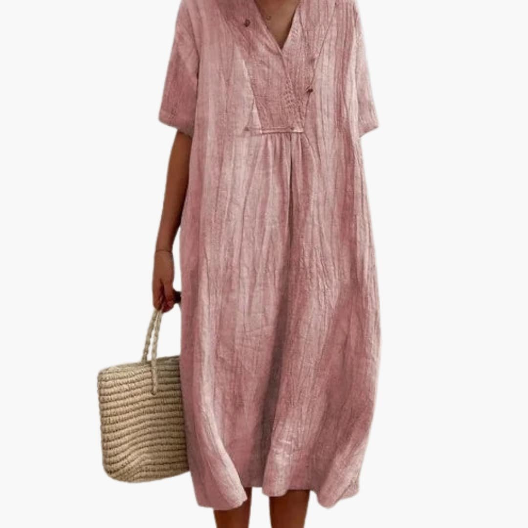 Women's V-Neck Button Relaxed Linen Midi Dress - Pink