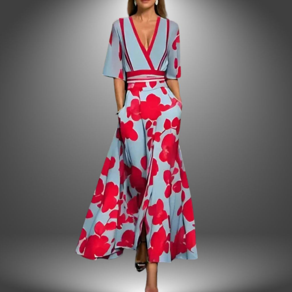 Women's V-Neck Floral Print Maxi Dress - Red
