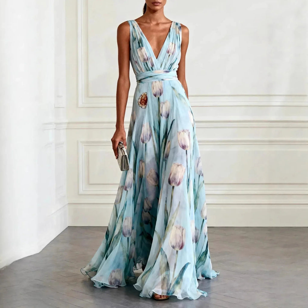 Women's V-Neck Floral Watercolor Tulip Print Chiffon Maxi Dress - Sky Blue