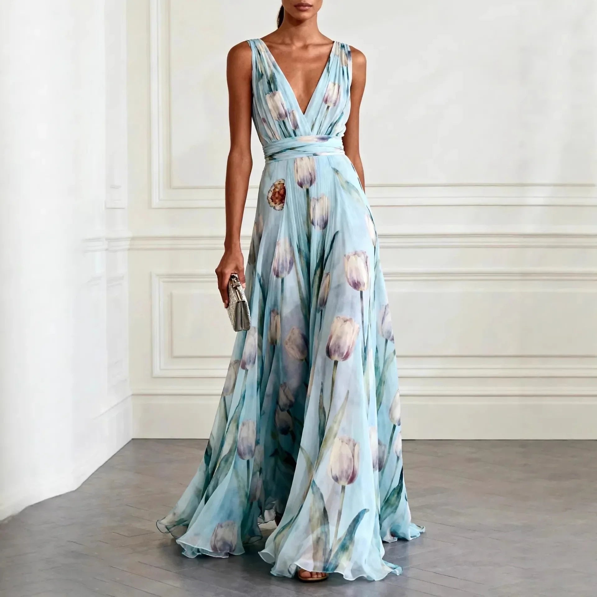 Women's V-Neck Floral Watercolor Tulip Print Chiffon Maxi Dress - Sky Blue