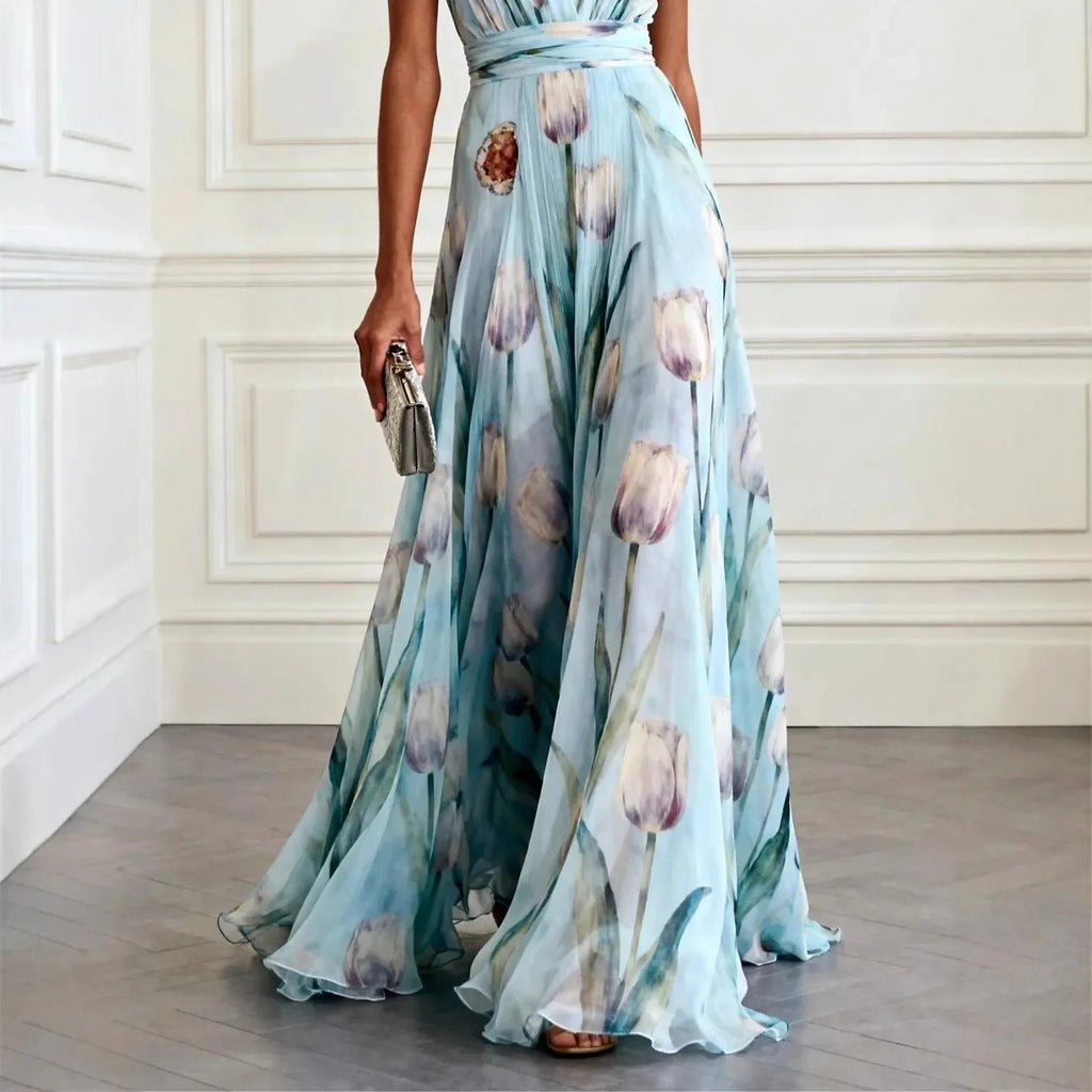 Women's V-Neck Floral Watercolor Tulip Print Chiffon Maxi Dress