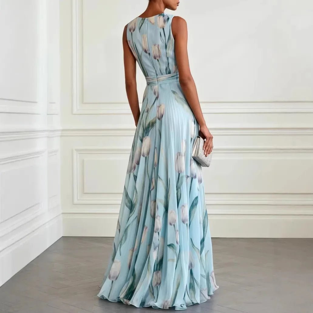 Women's V-Neck Floral Watercolor Tulip Print Chiffon Maxi Dress