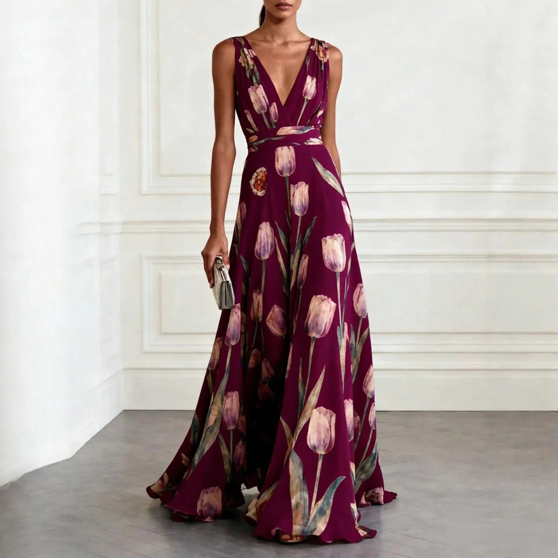 Women's V-Neck Floral Watercolor Tulip Print Chiffon Maxi Dress - Burgundy