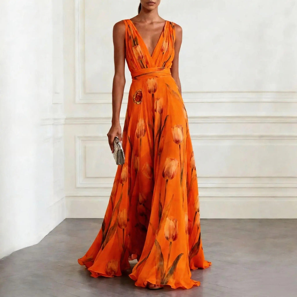 Women's V-Neck Floral Watercolor Tulip Print Chiffon Maxi Dress - Orange