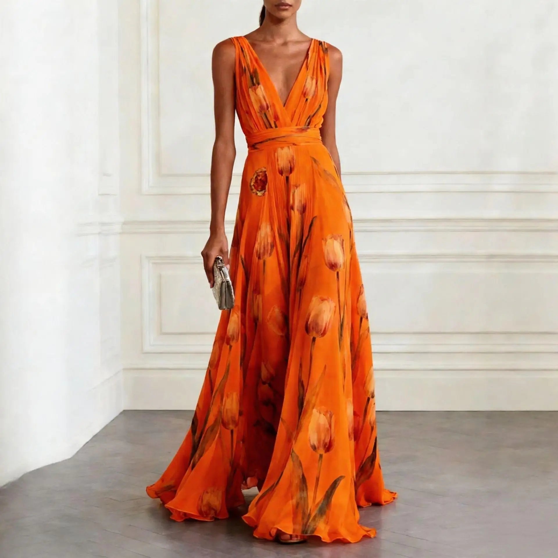 Women's V-Neck Floral Watercolor Tulip Print Chiffon Maxi Dress - Orange