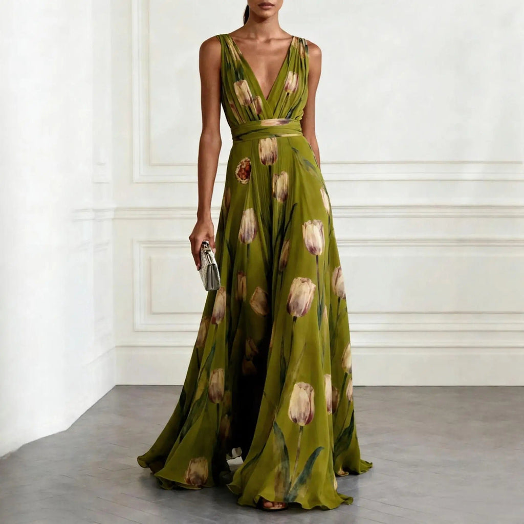 Women's V-Neck Floral Watercolor Tulip Print Chiffon Maxi Dress - Green