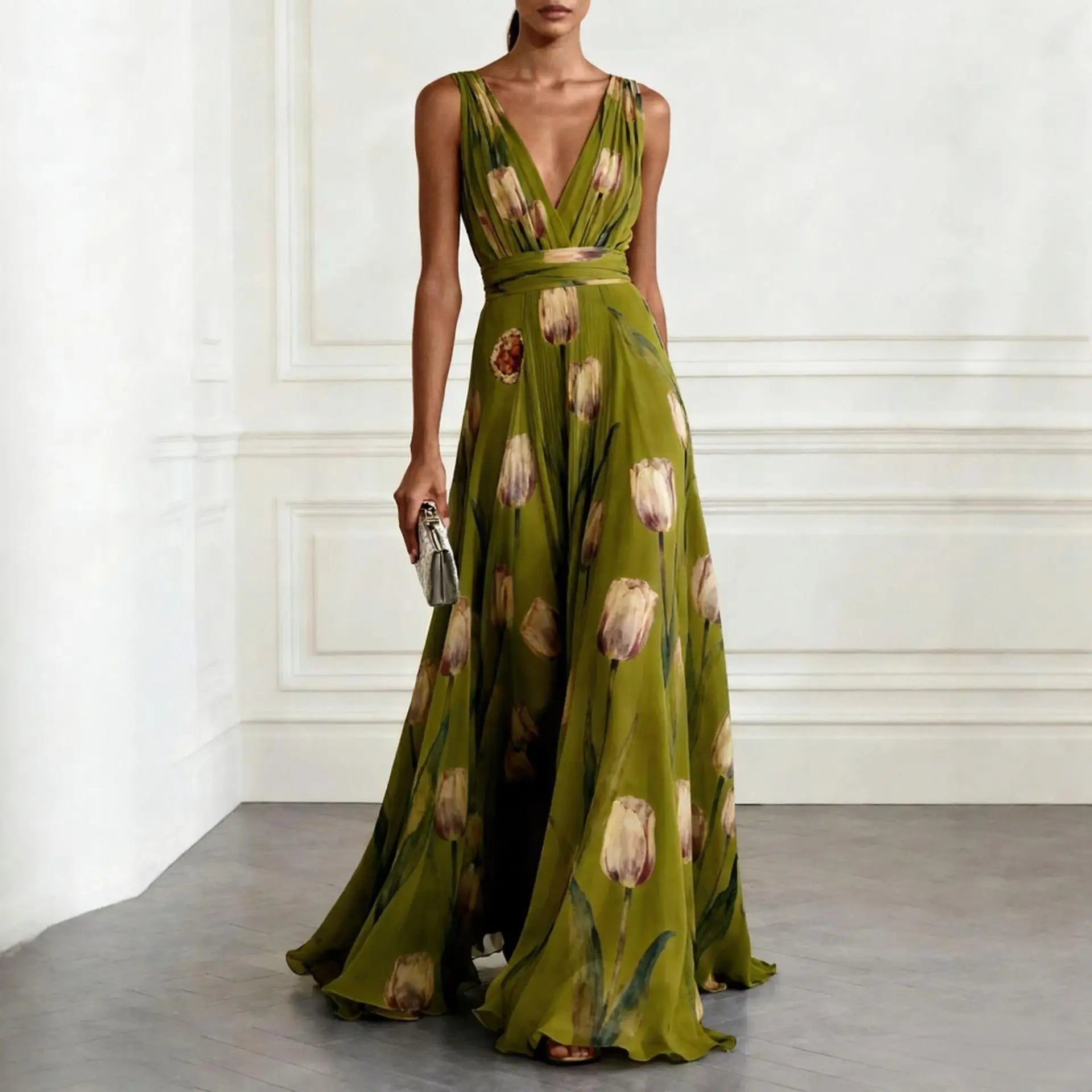 Women's V-Neck Floral Watercolor Tulip Print Chiffon Maxi Dress - Green