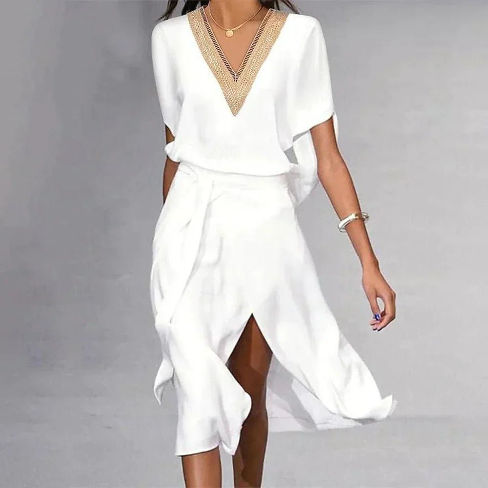 Women's V-Neck Gold Trim Wrap Midi Dress Short Sleeve - White
