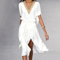 Women's V-Neck Gold Trim Wrap Midi Dress Short Sleeve - White