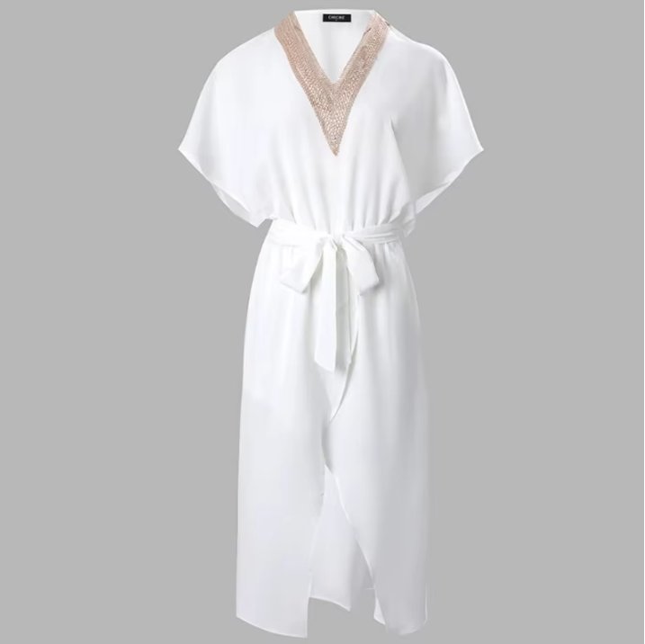 Women's V-Neck Gold Trim Wrap Midi Dress Short Sleeve
