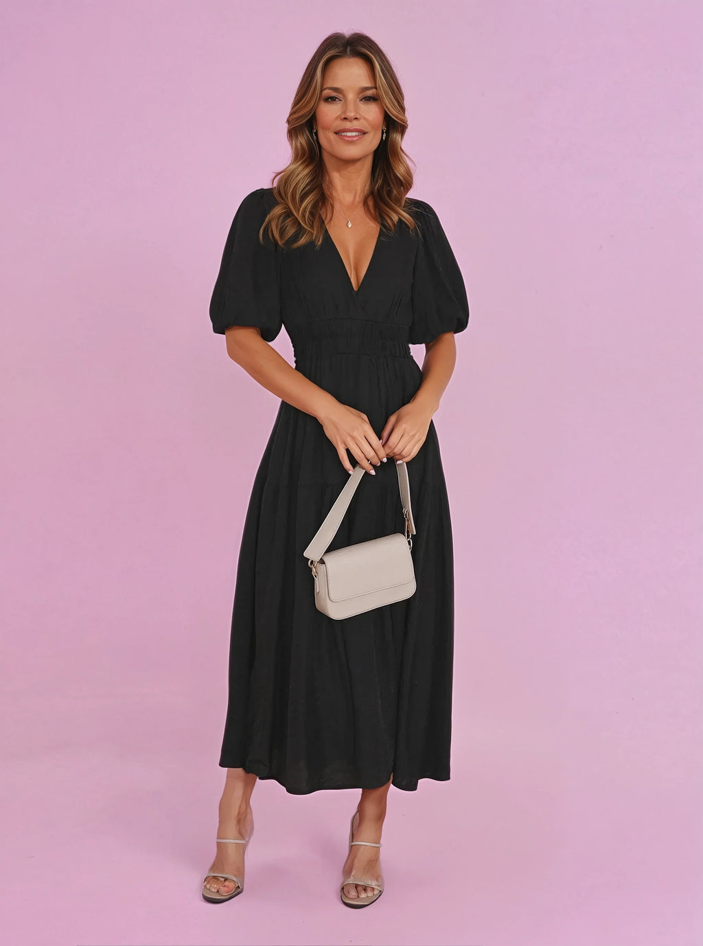 Women's V-Neck Puff Sleeve Smocked Waist Midi Dress