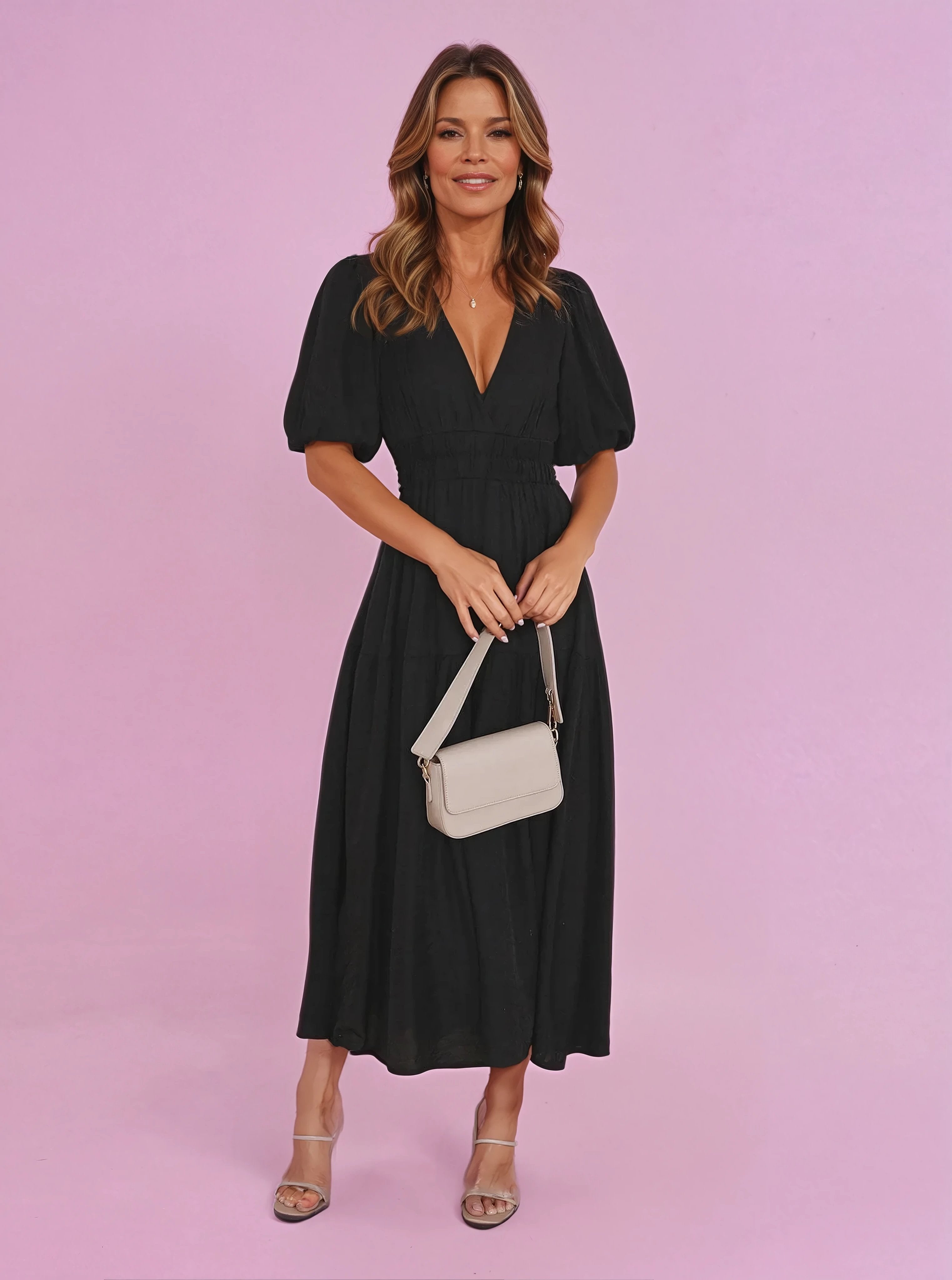 Women's V-Neck Puff Sleeve Smocked Waist Midi Dress