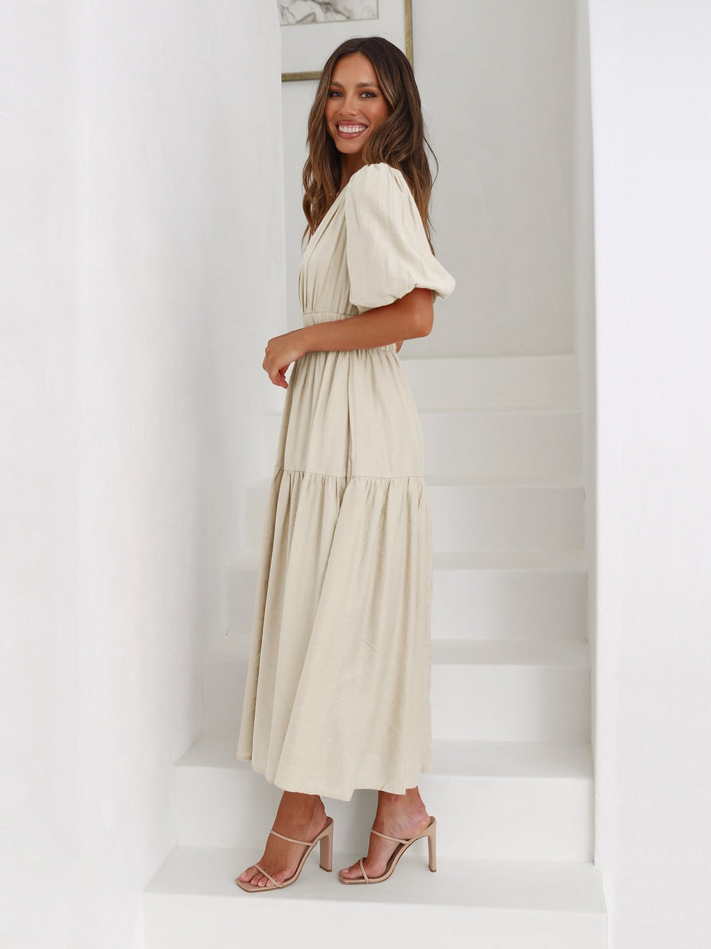 Women's V-Neck Puff Sleeve Smocked Waist Midi Dress
