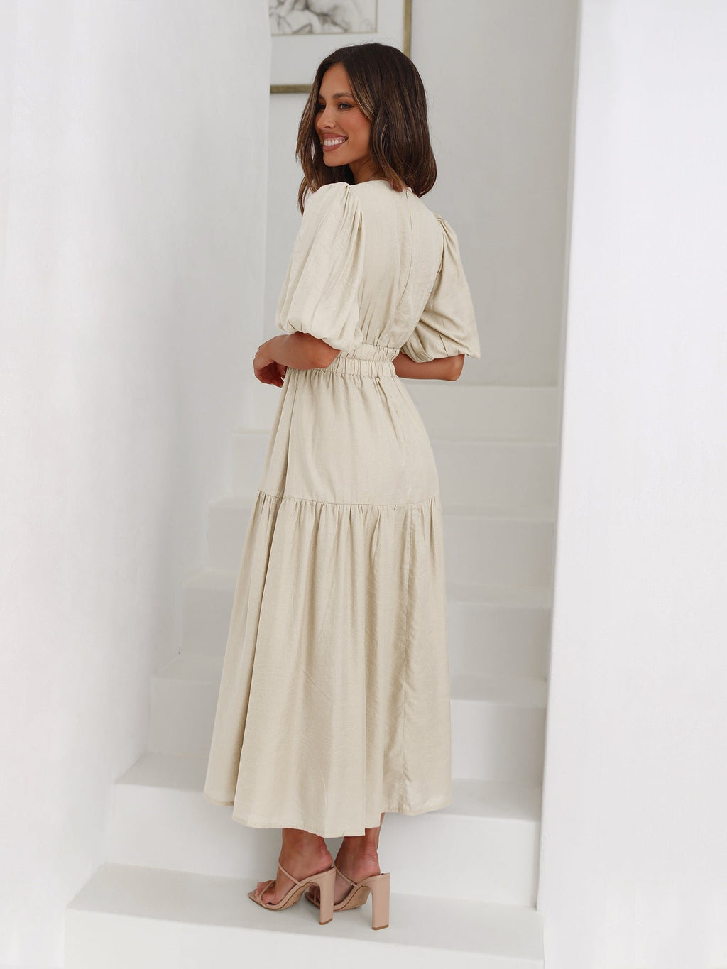 Women's V-Neck Puff Sleeve Smocked Waist Midi Dress