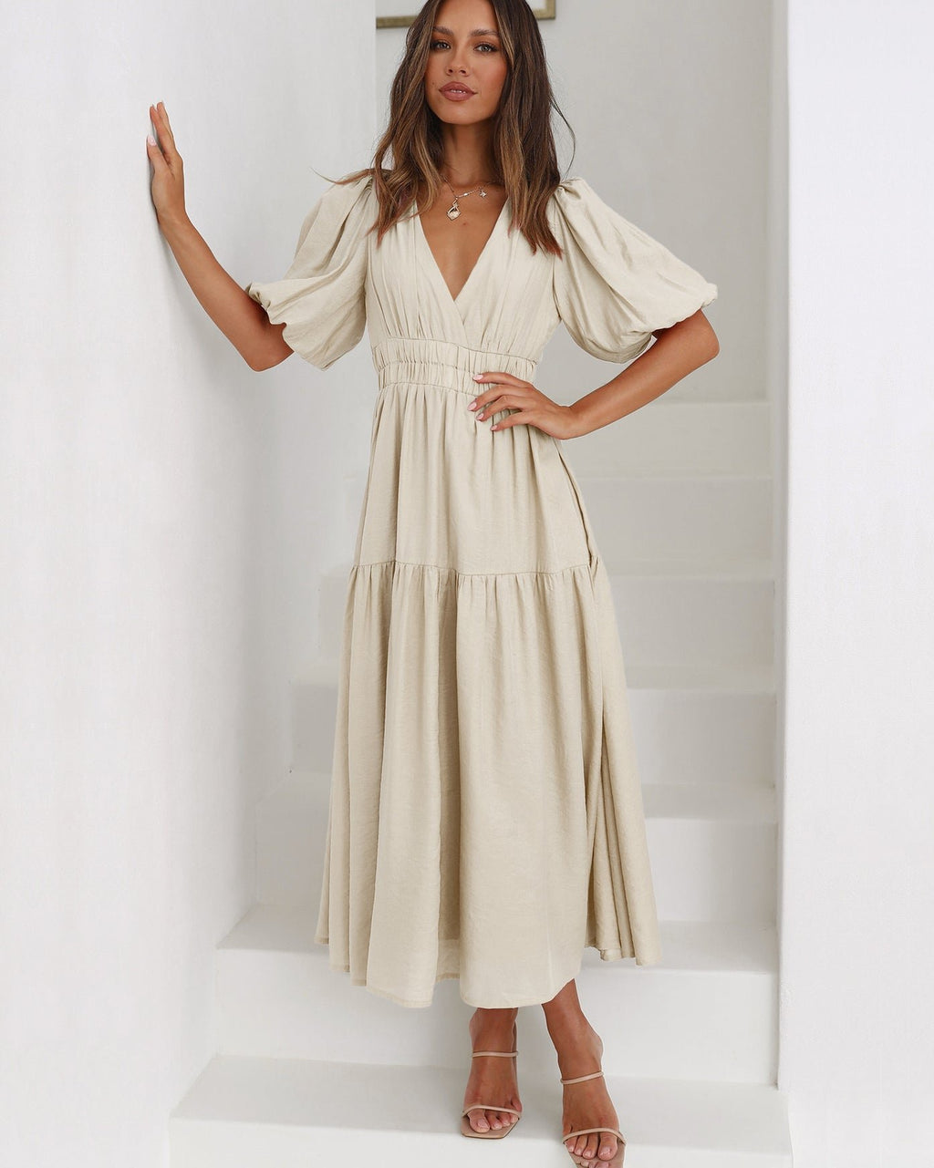 Women's V-Neck Puff Sleeve Smocked Waist Midi Dress - Cream