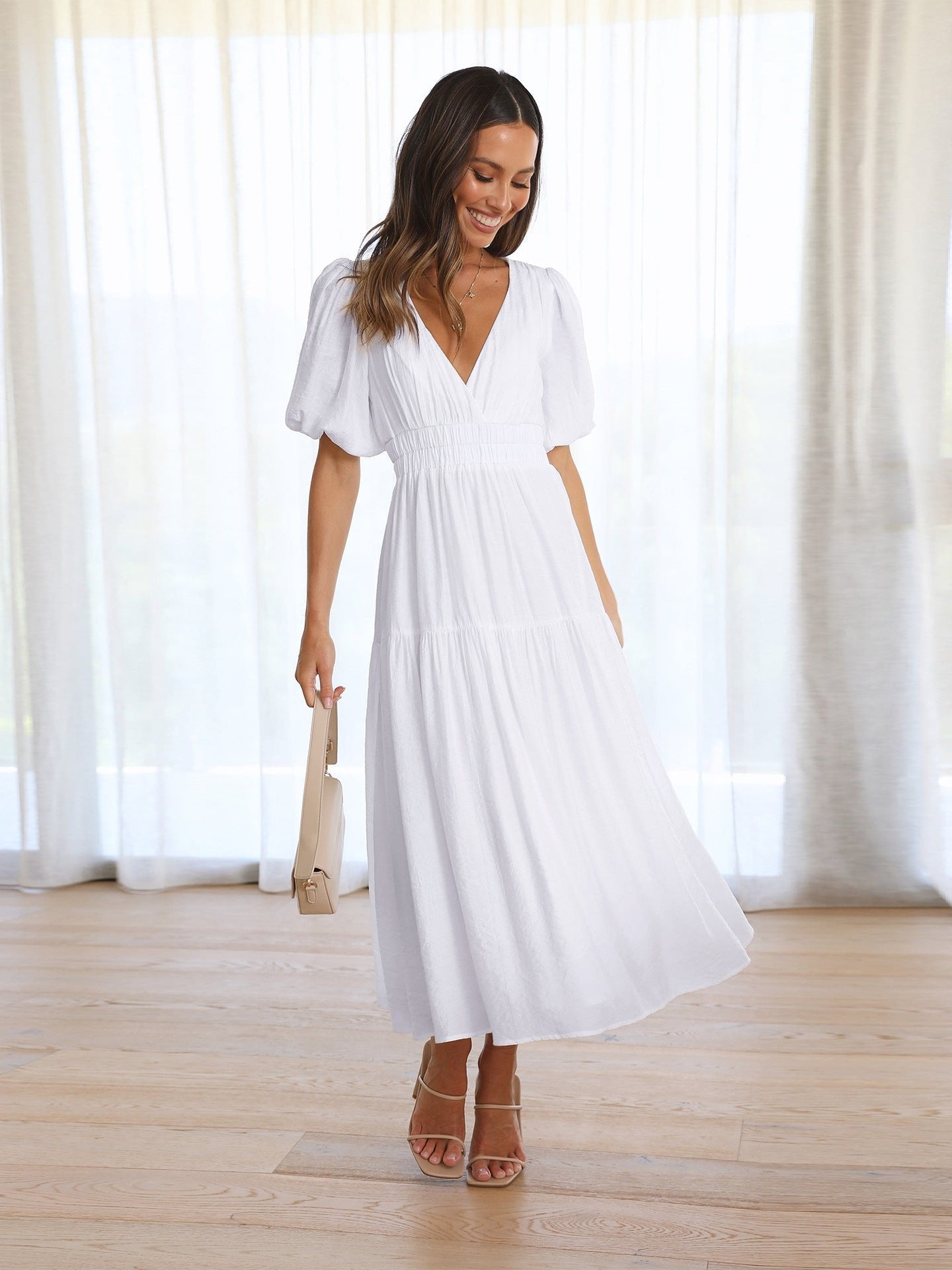 Women's V-Neck Puff Sleeve Smocked Waist Midi Dress - White