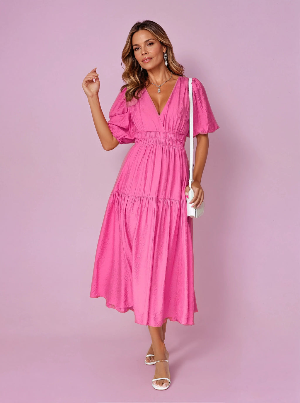 Women's V-Neck Puff Sleeve Smocked Waist Midi Dress