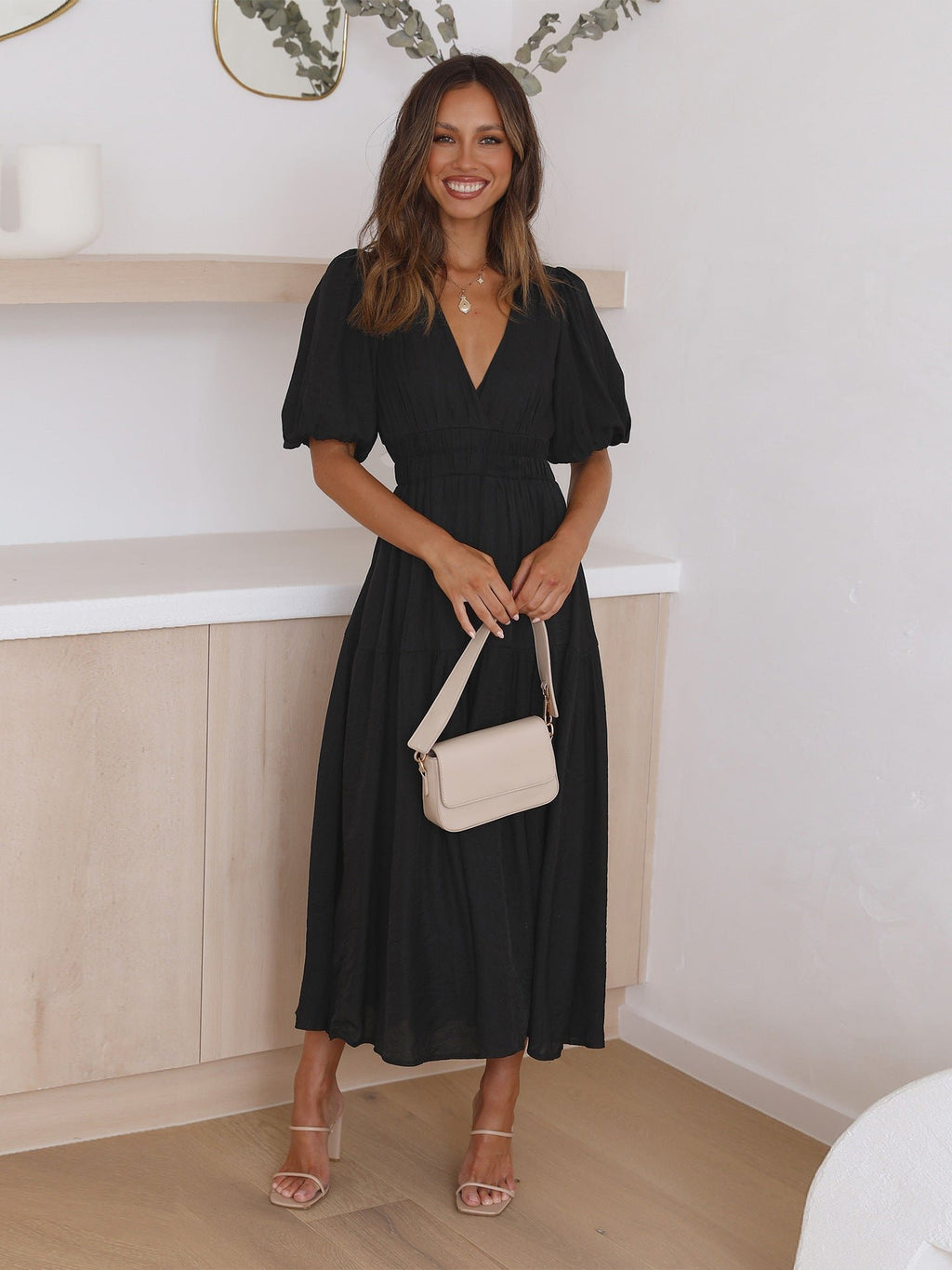 Women's V-Neck Puff Sleeve Smocked Waist Midi Dress - Black