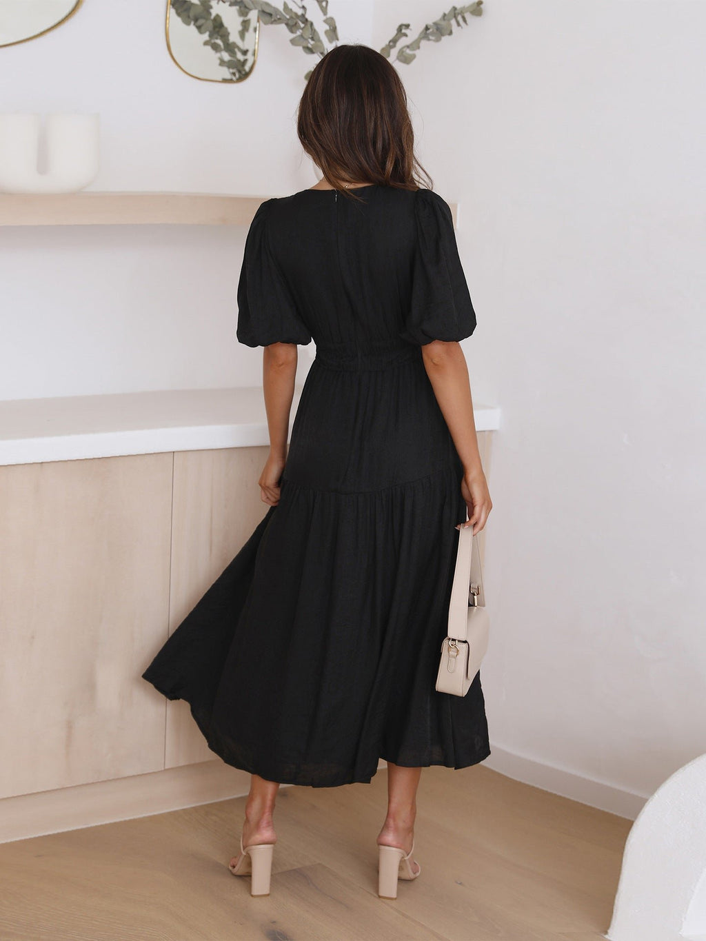 Women's V-Neck Puff Sleeve Smocked Waist Midi Dress