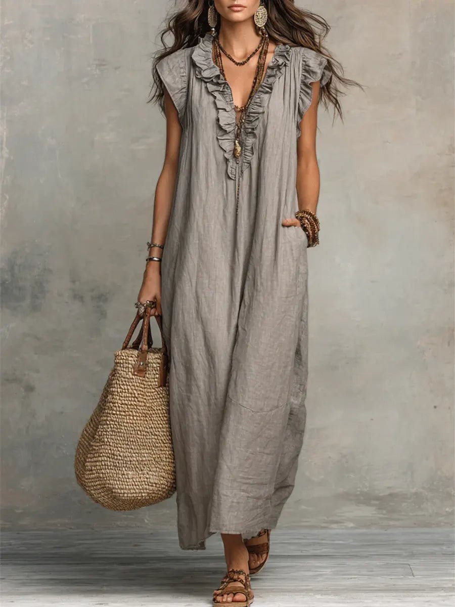 Women's V-Neck Ruffle Flutter Sleeve Linen Maxi Dress - Gray