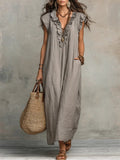 Women's V-Neck Ruffle Flutter Sleeve Linen Maxi Dress - Gray