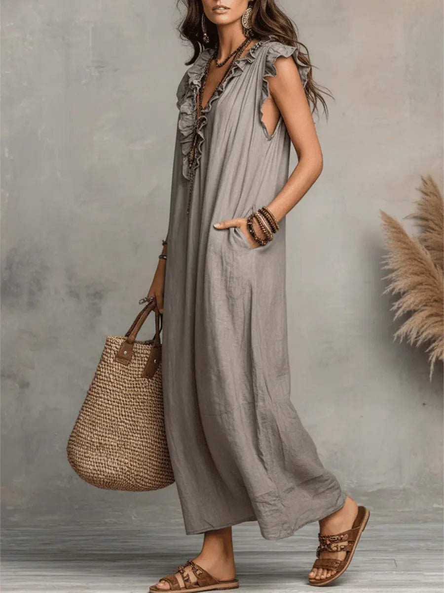 Women's V-Neck Ruffle Flutter Sleeve Linen Maxi Dress