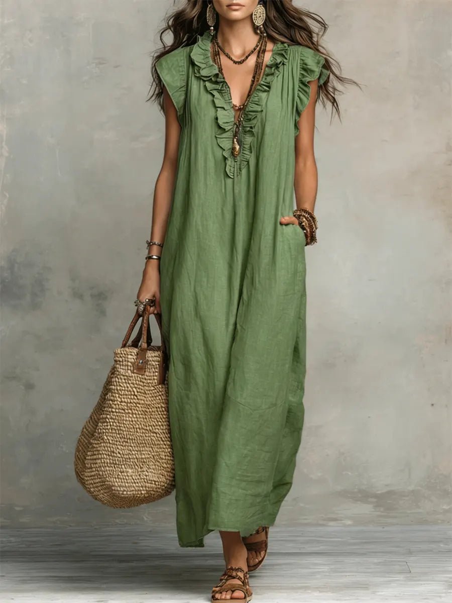 Women's V-Neck Ruffle Flutter Sleeve Linen Maxi Dress - Green